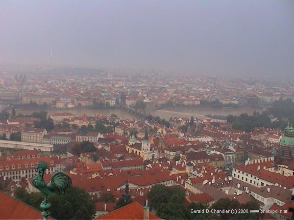 View from Castle of part of Lesser Quarter, Vltava River, Charles Bridge, Old Town, and TV Tower