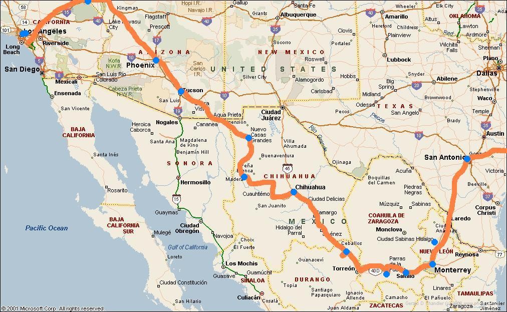 Route from USA through Mexico
