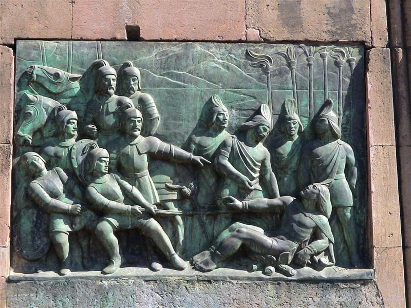 Patzcuaro monument recording encounter of Spaniards and Indians