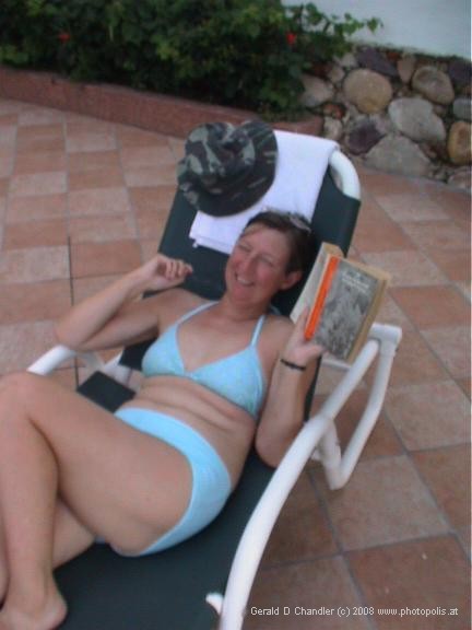 Jan in deck chair by pool